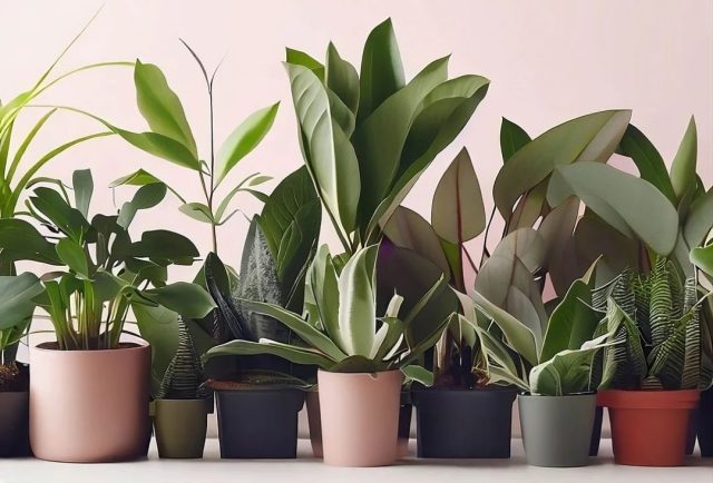assortment of house plants against a light pink background