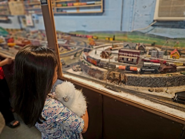 Kid looking at trains in Oklahoma City