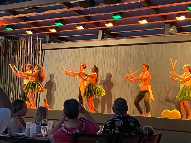 Hula dancers at an evening luau in Maui