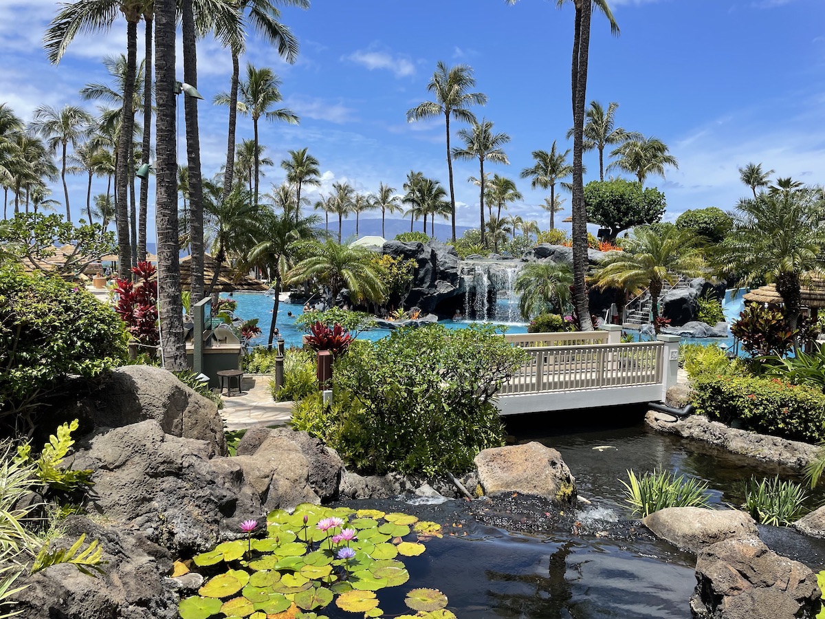 pools at Maui Ocean Club with palm trees and a waterfall