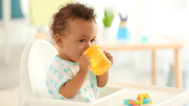 a little boy drinks from a sippy cup in a high chair, some would consider this baby gear to borrow