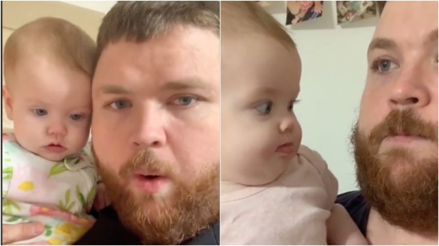 baby and dad looking at each other