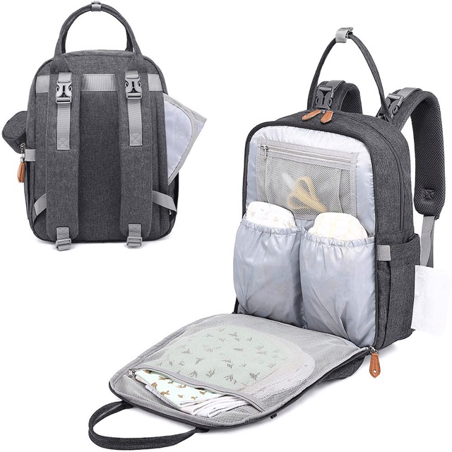 a great backpack diaper bag with open panel revealing stored diapers, must have baby gear