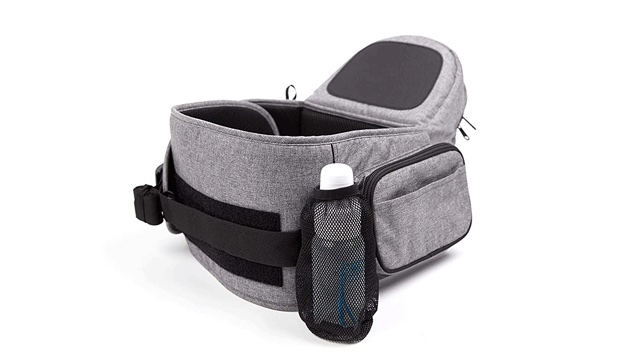 a hip carrier in grey is must have baby gear you'll use for a while