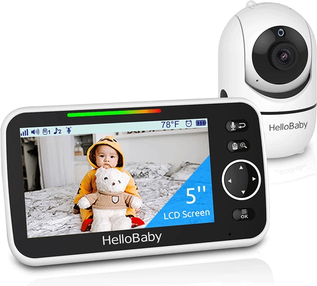 a hello baby video monitor showing a photo of a baby and stuffed bear on the video screen, must have baby gear