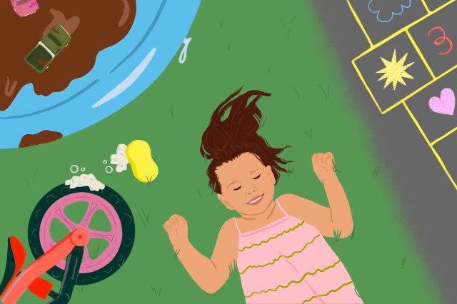 an illustration of a toddler lying on the ground exhausted surrounded by hop scotch, a bike and more outdoor toddler activities