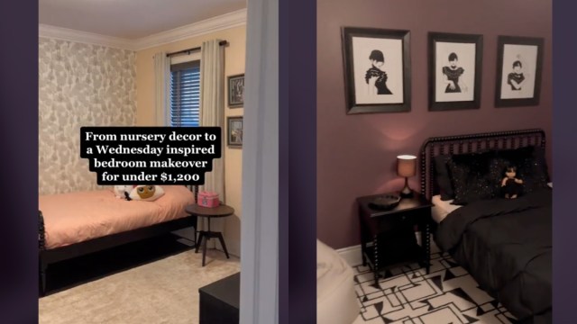 Screenshots from a TikTok video showing the before-and-after of a bedroom makeover