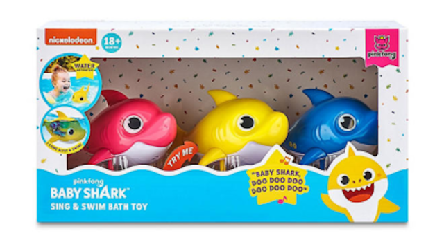 A three-pack of plastic Baby Shark bath toys