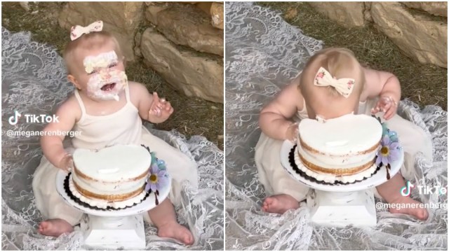 Screenshots of a video of a baby going face first into her birthday cake
