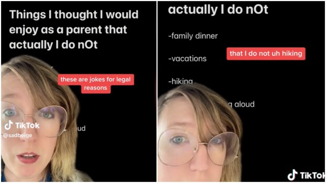 Screenshots from a TikTok where a mom shared activities she doesn't enjoy doing with her kids