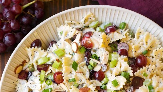 a picture of chicken and grape pasta salad, a kid friendly pasta salad