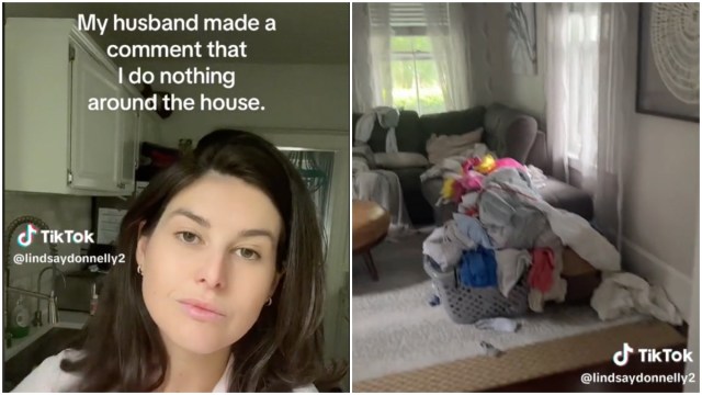 Screenshots from a TikTok showing a woman's dirty house after she went on "strike"