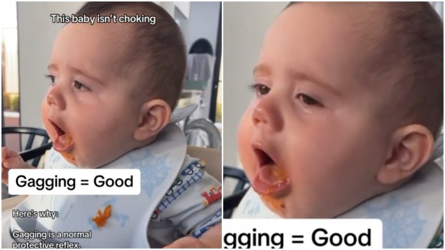 A baby gagging on food