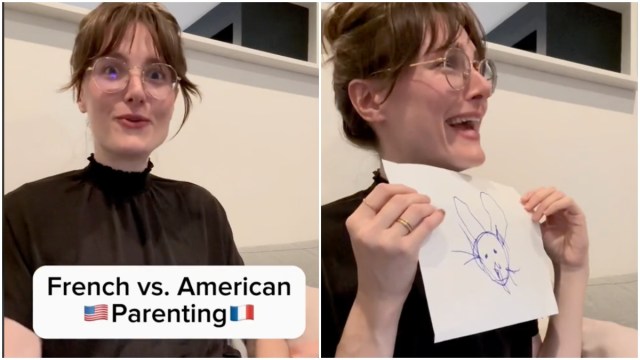 Screenshots from a TikTok video of a woman holding up a pen drawing of a rabbit