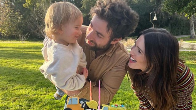 Mandy Moore and her husband celebrating their two-year-old Gus's birthday in the park with a construction-themed cake