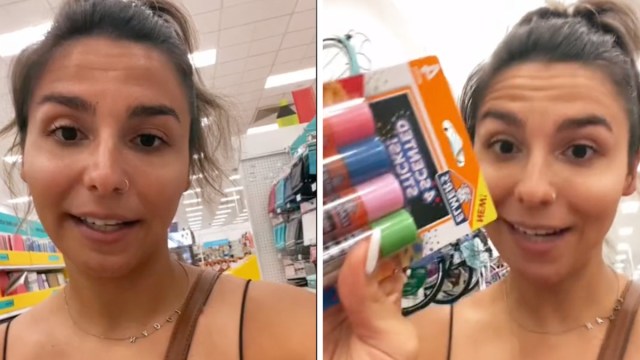 Screenshots from a video showing a woman holding up school supplies Target