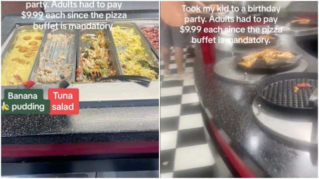 Screenshots from a TikTok video showing a pizza buffet.