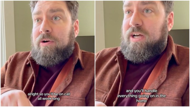 Screenshots from a TikTok video showing a man with a grey beard talking to the camera about how hard stay-at-home parents work