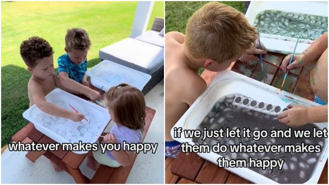 Screenshots from a TikTok showing kids doing a messy painting project for a 'whatever makes you happy hour'