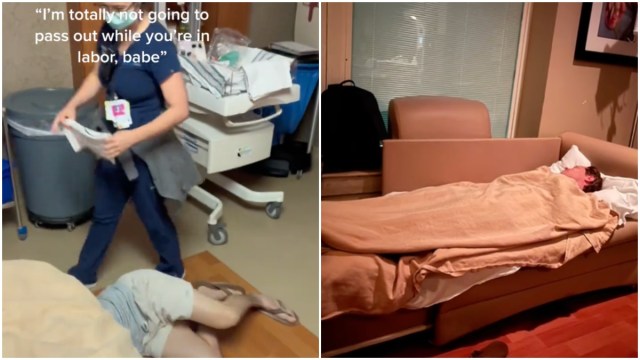 Screenshots from a TikTok showing a dad who fainted in the delivery room.