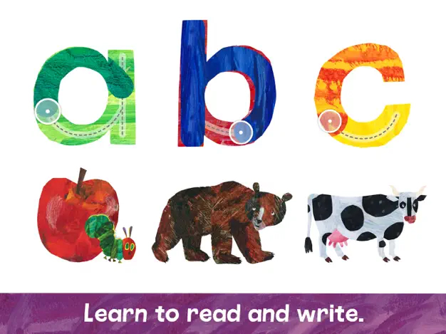The letters A B C in the style of Eric Carle's The Very Hungry Caterpillar with an apple, bear and cow below them and the words "Learn to read and write" in a screenshot of the Hungry Caterpillar Play School app for a roundup of the best toddler apps