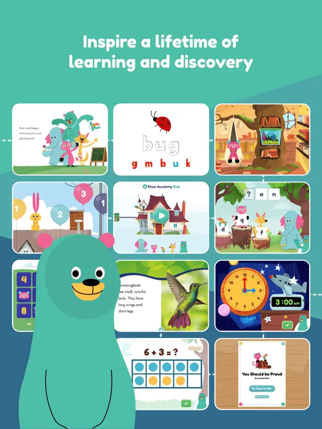 A grid of different educational games with the words "Inspire a lifetime of learning and discovery" in a screenshot of the Khan Academy Kids: Learning app for a roundup of the best toddler apps
