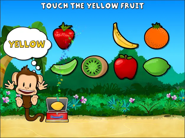 A monkey surrounded by different coloured fruit with the words "Touch the yellow fruit" in a screenshot of the Monkey Preschool Lunchbox app for a roundup of the best toddler apps