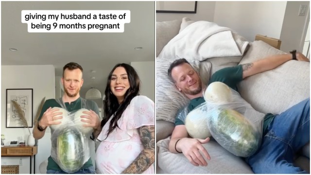 Screenshots from a video of a "pregnant dad" experiment.