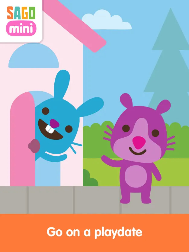 Two colourful animals greet each other with the words "Go on a playdate" in a screenshot of the Sago Mini Friends app for a roundup of the best toddler apps 