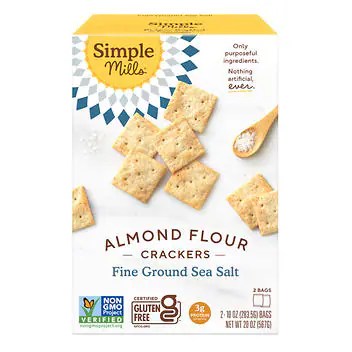 A box of Simple Mills Almond Flour Crackers for a story on packaged Costco snacks for kids