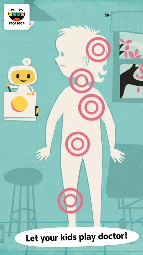 The outline of a body with red targets on it and the words "Let your kids play doctor" in a screenshot from the Toca Doctor app for a roundup of the best toddler apps