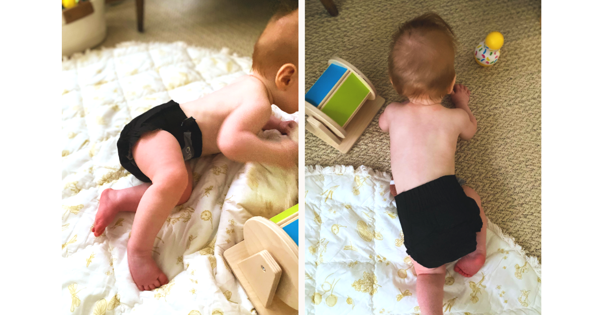 baby with sensitive skin crawling in a charcoal enhanced diaper from Dyper