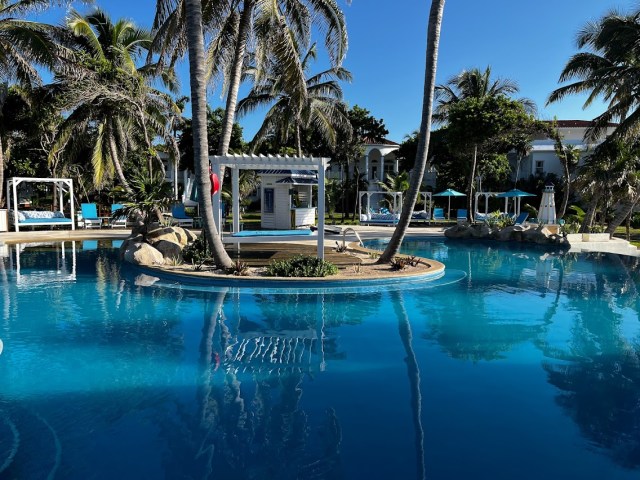 Looking over pool at palm trees and cabana swing