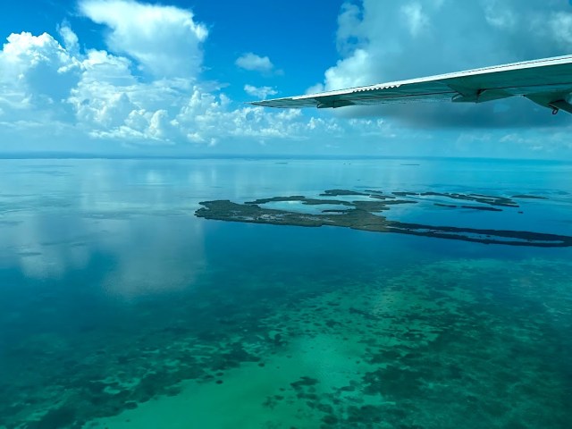 View from puddle jumper plane looking at coral reef in Belize