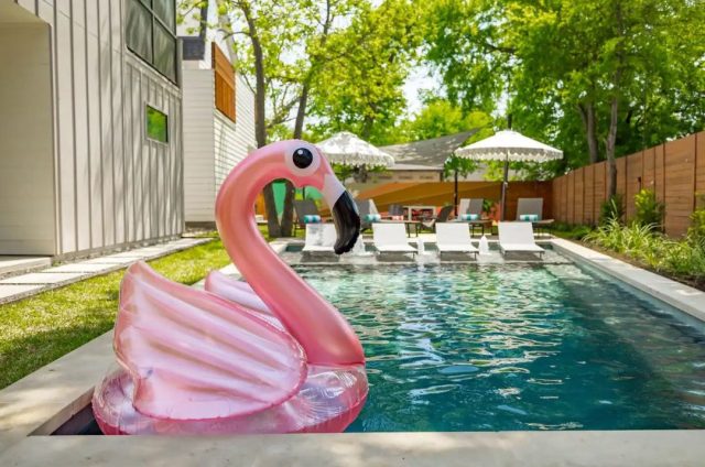 backyard pool with a flamingo float
