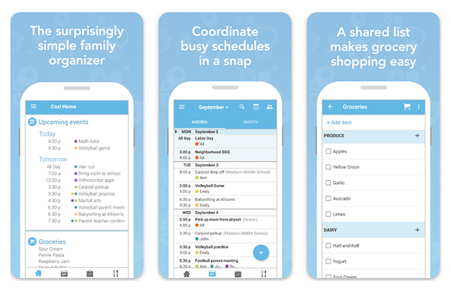 Screenshots of Cozi Family Organizer, one of the best apps for moms and the best family planning apps