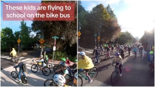Screenshots from a TikTok video about Portland's bike bus