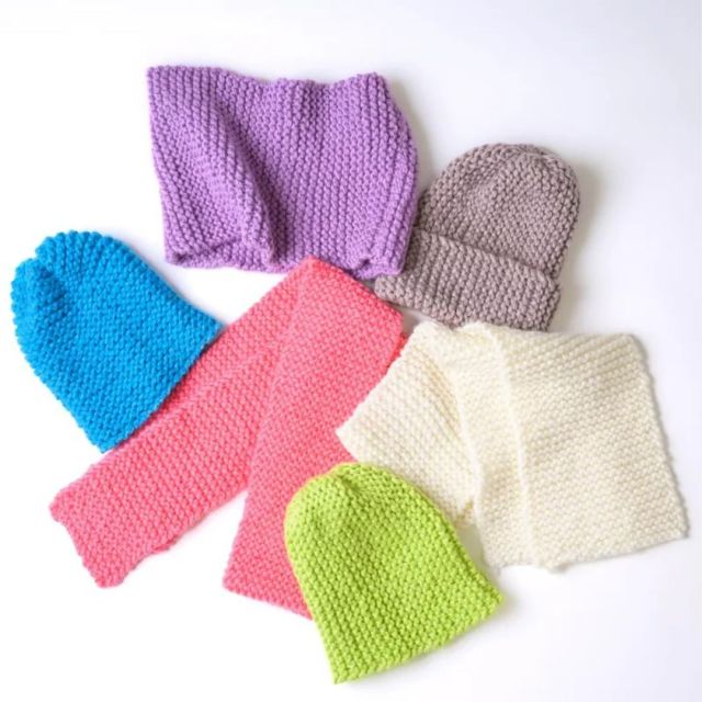 collection of colorful knit accessories