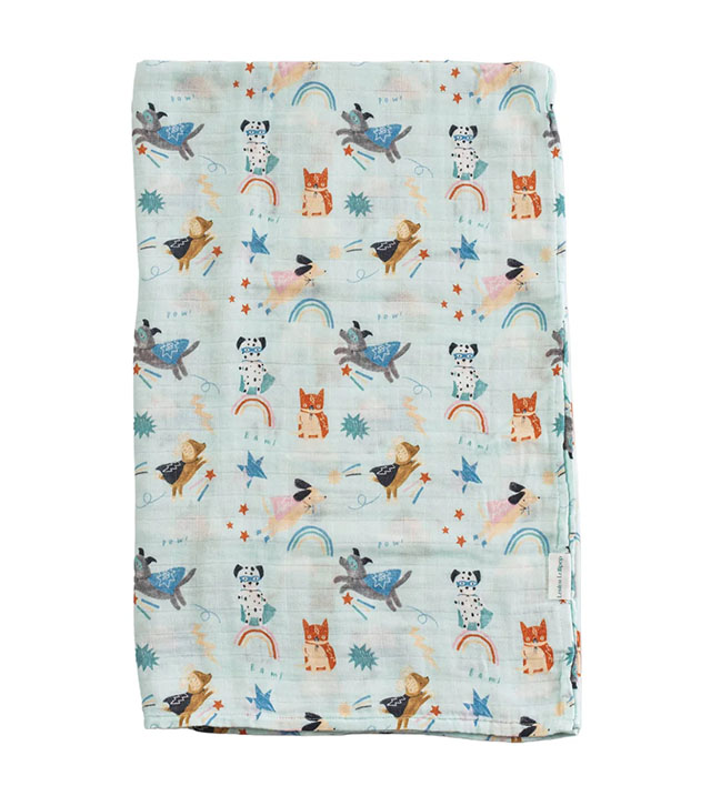 Loulou Lollipop Muslin Swaddle in Superhero Dog print is one of the best newborn baby gifts