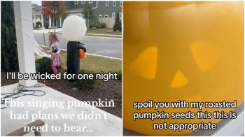 Screenshots from a TikTok video showing a singing pumpkin decoration from Target.