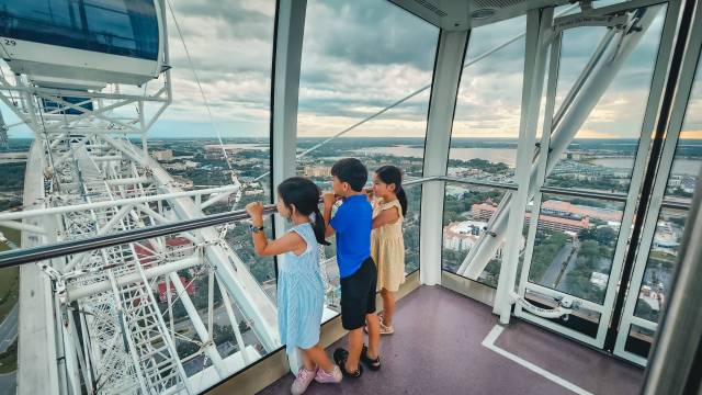 three children looking out over the view from The Wheel in Orlando, Florida