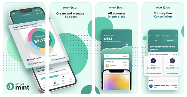 Screenshots of the Mint app, one of the best family organizer apps