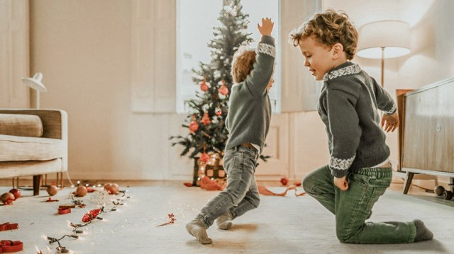 picture of brothers playing near Christmas tree for family album