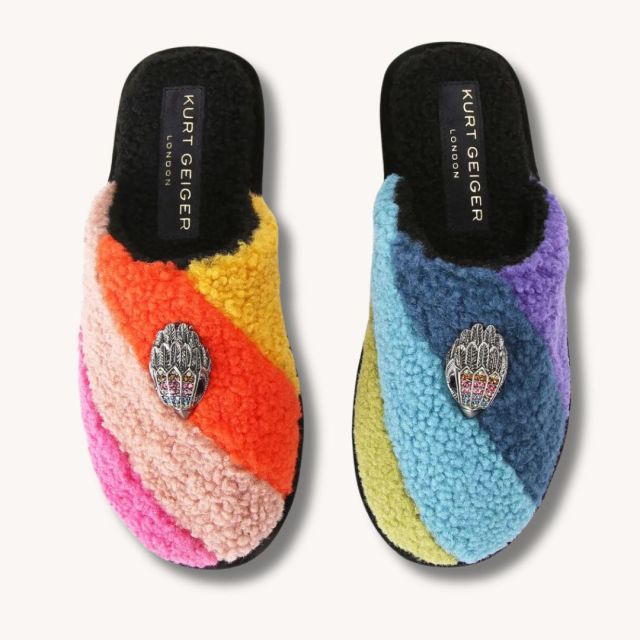 pair of kurt geiger rainbow slippers