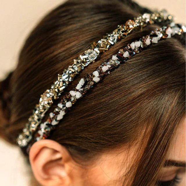 woman wearing crystal headbands