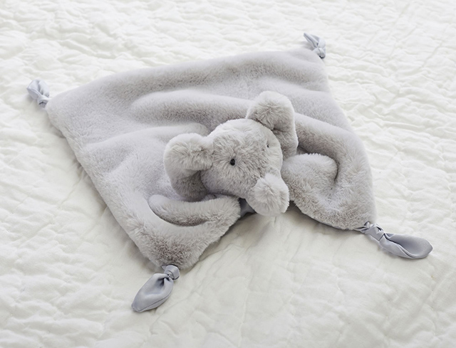 Pottery Barn's elephant animal thumbie is a great option for a lovey for baby