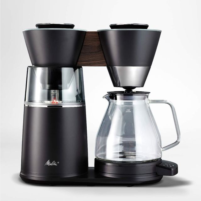 modern black and wood drip coffee maker