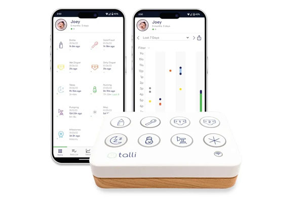 This best baby tracking app includes a device with a white top and wood bottom