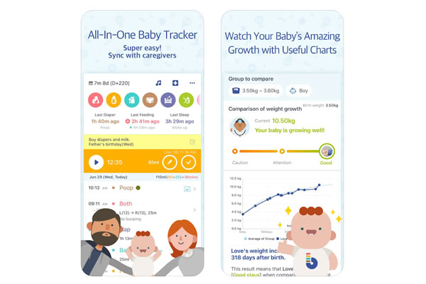 screenshots of the babytime app, one of the best tracking apps for parents of babies