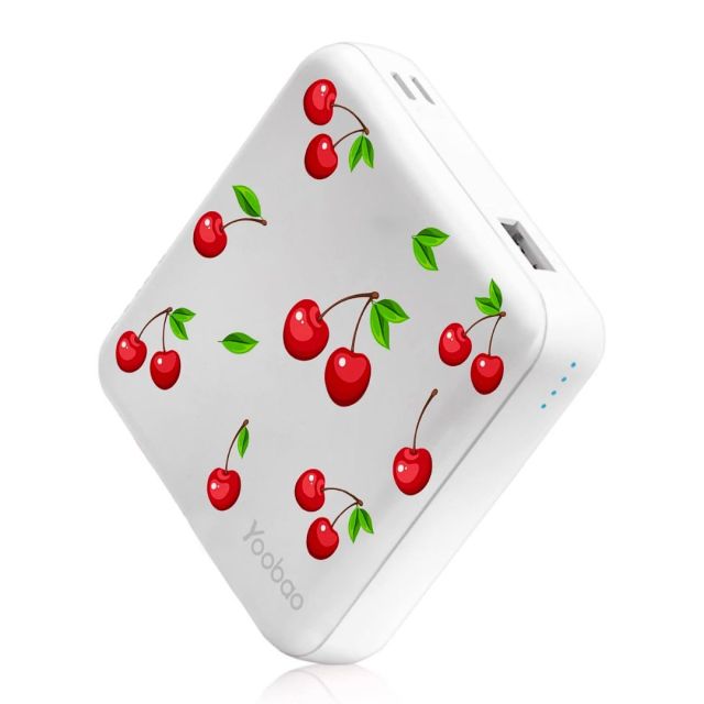 white portable phone charger with cherry print